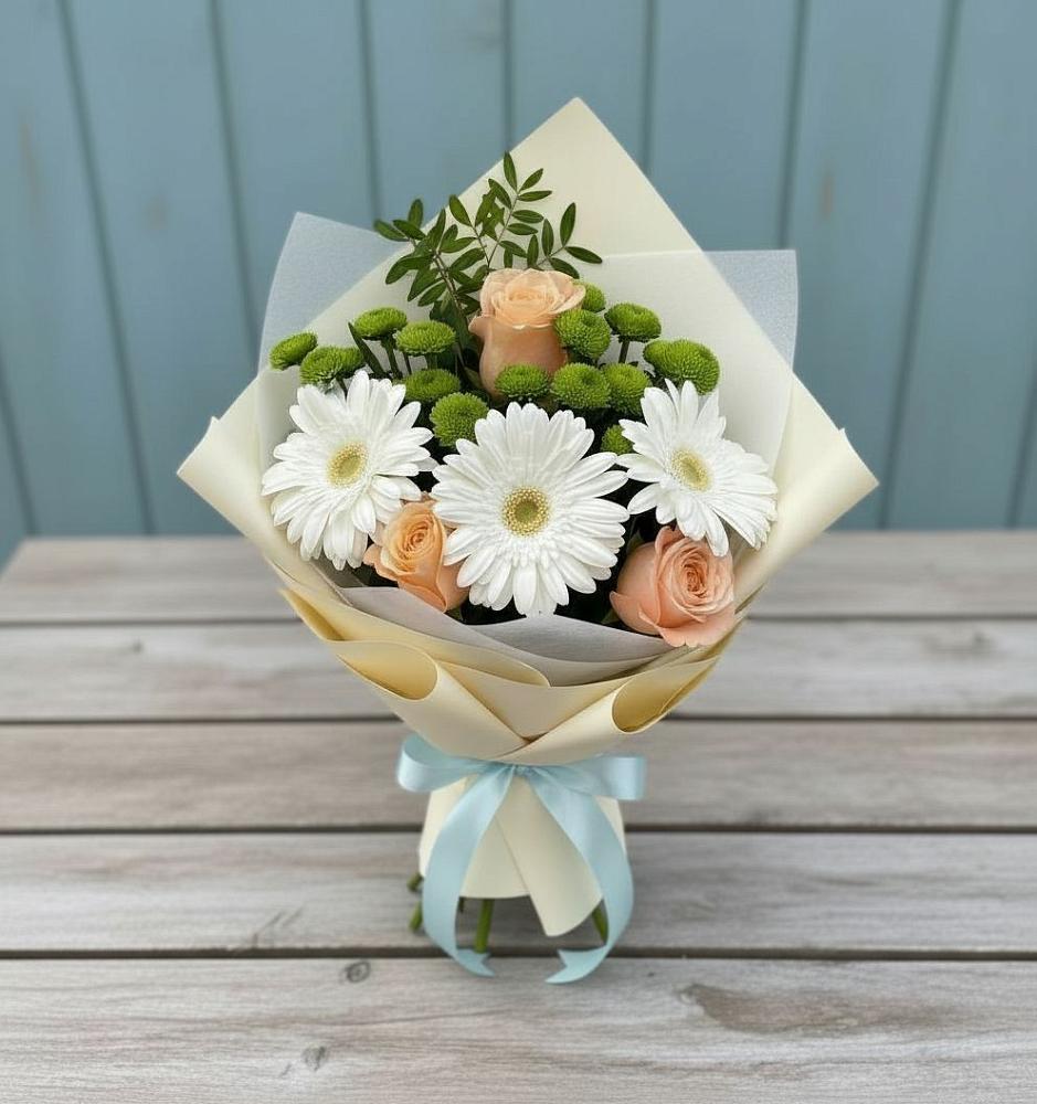 Букет герберы и розы в Верхнем Ландехе Букет цветов из: Герберы, Розы и Хризантемы в Верхнем Ландехе